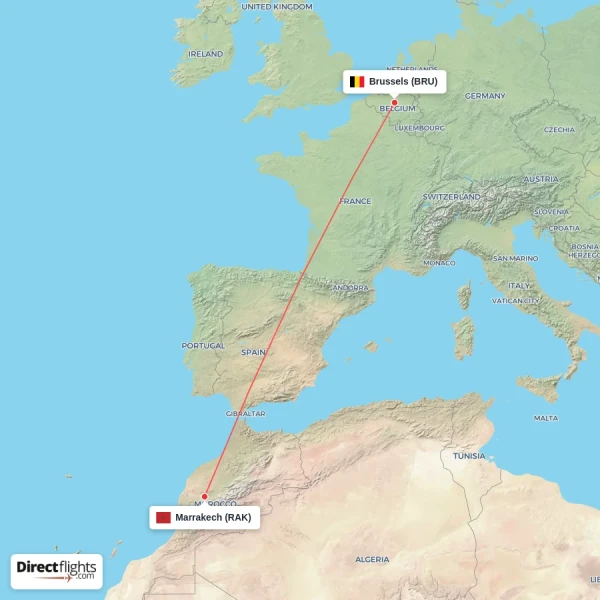 Marrakech - Brussels direct flight map