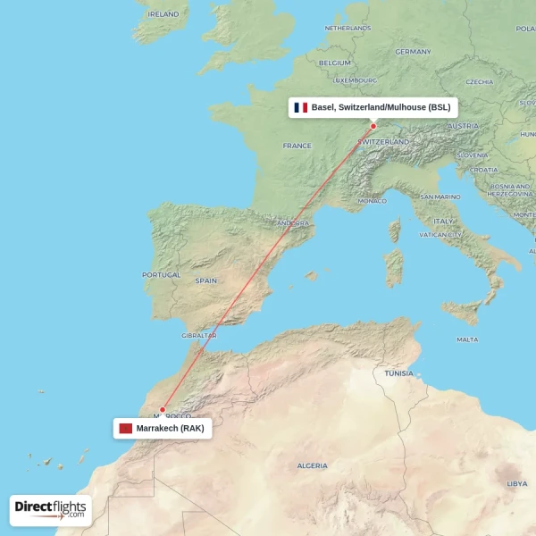 Marrakech - Basel, Switzerland/Mulhouse direct flight map