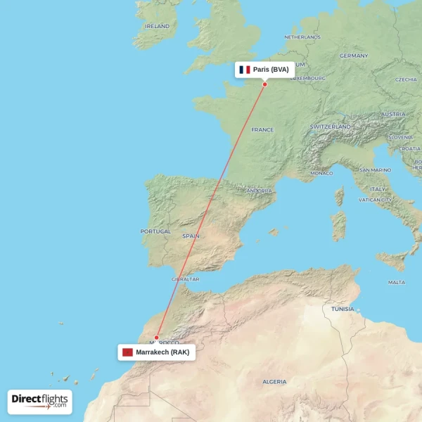 Marrakech - Paris direct flight map