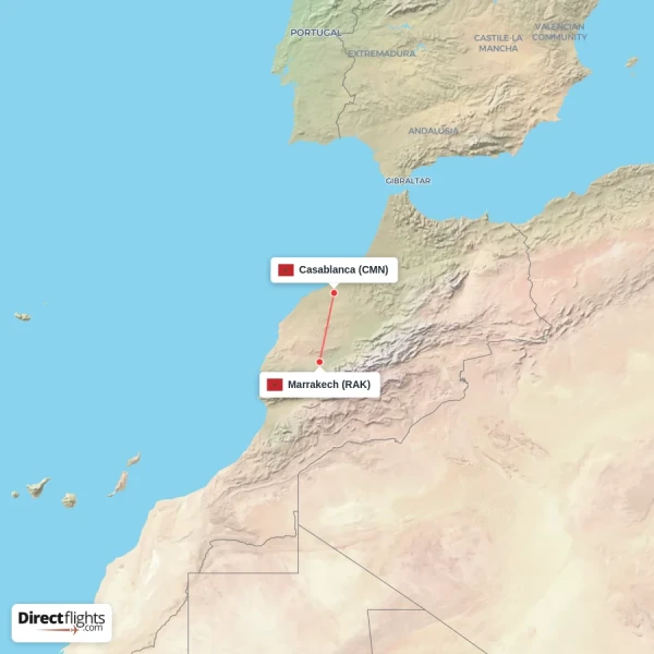 Marrakech - Casablanca direct flight map