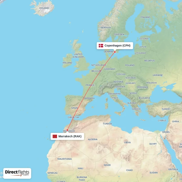 Marrakech - Copenhagen direct flight map
