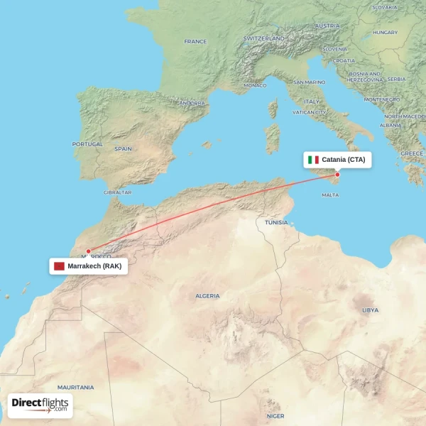 Marrakech - Catania direct flight map