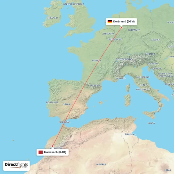 Marrakech - Dortmund direct flight map