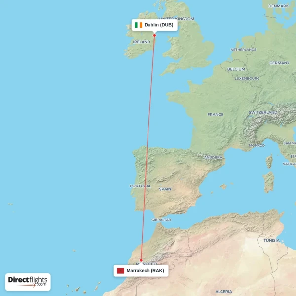 Marrakech - Dublin direct flight map