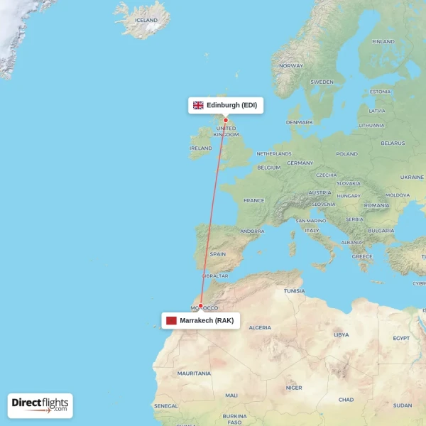 Marrakech - Edinburgh direct flight map