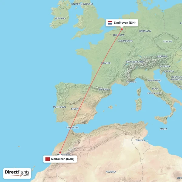 Marrakech - Eindhoven direct flight map