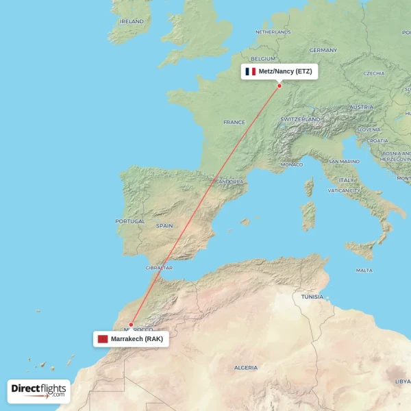 Marrakech - Metz/Nancy direct flight map
