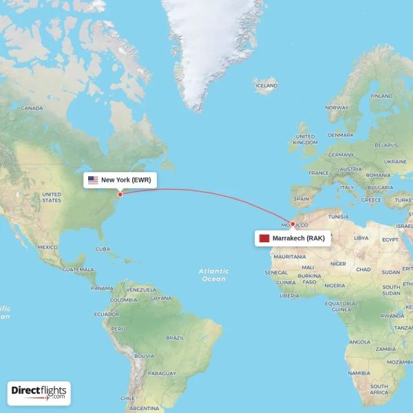 Marrakech - New York direct flight map