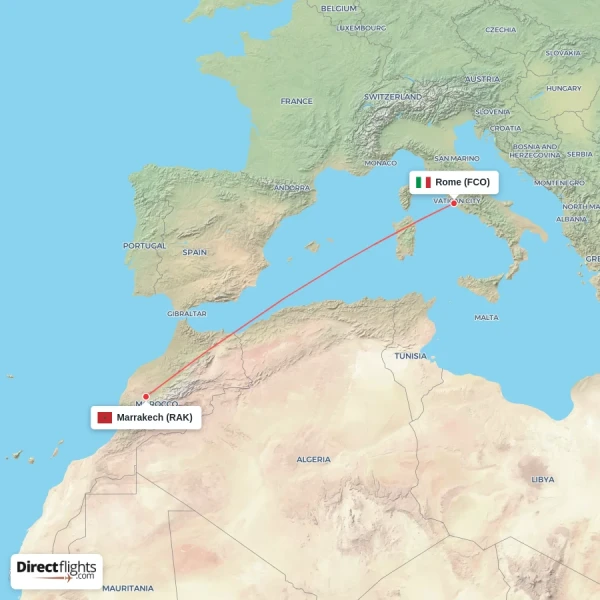 Marrakech - Rome direct flight map