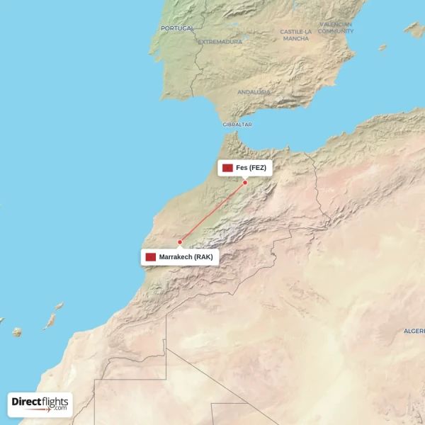 Marrakech - Fes direct flight map