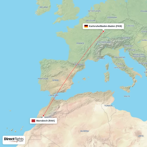 Marrakech - Karlsruhe/Baden-Baden direct flight map