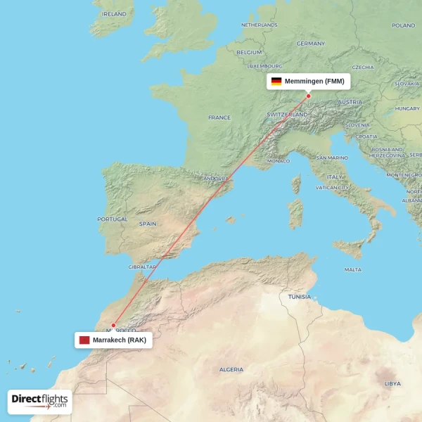 Marrakech - Memmingen direct flight map