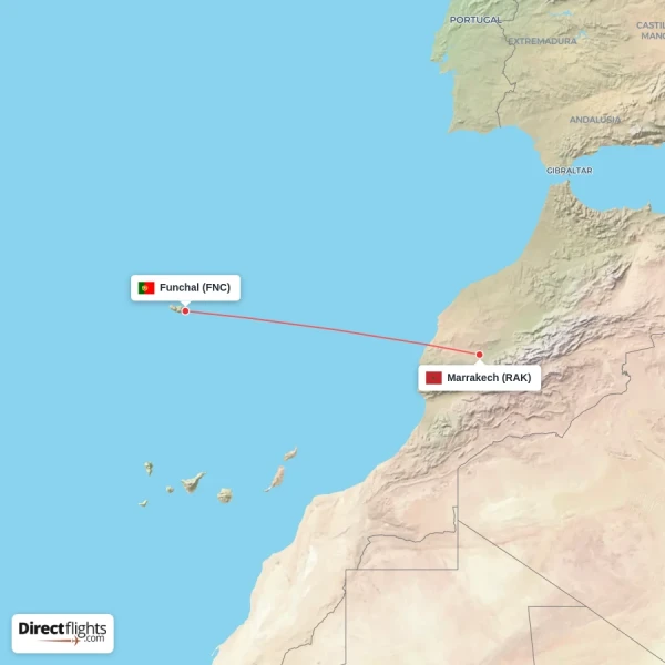 Marrakech - Funchal direct flight map