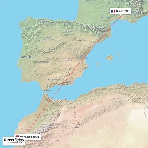 Marrakech - Nimes direct flight map