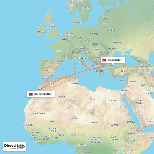 Marrakech - Istanbul direct flight map