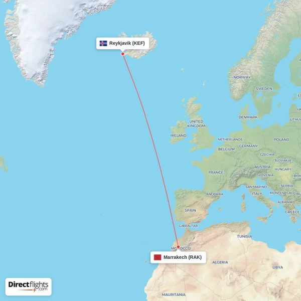 Marrakech - Reykjavik direct flight map