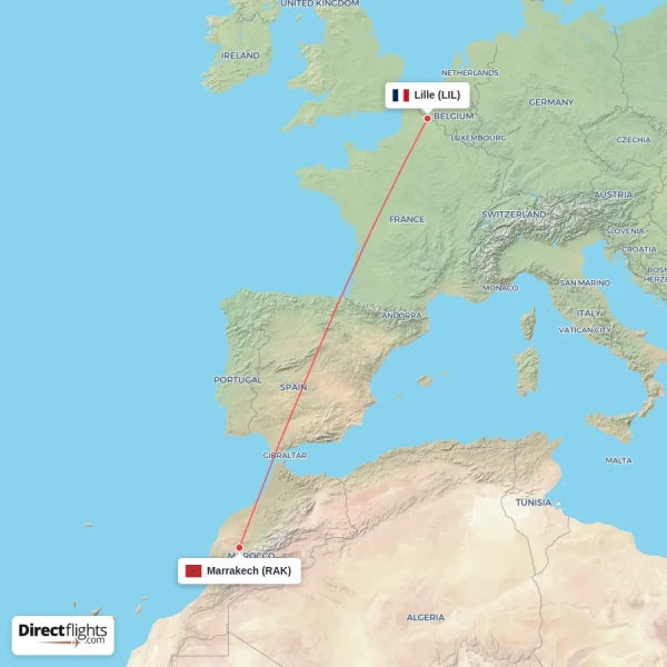 Marrakech - Lille direct flight map