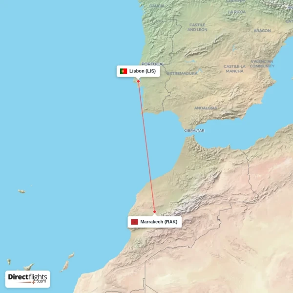 Marrakech - Lisbon direct flight map