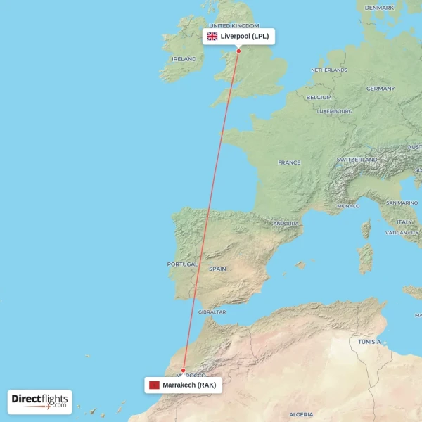 Marrakech - Liverpool direct flight map