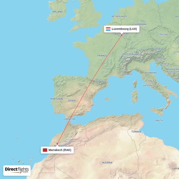 Marrakech - Luxembourg direct flight map