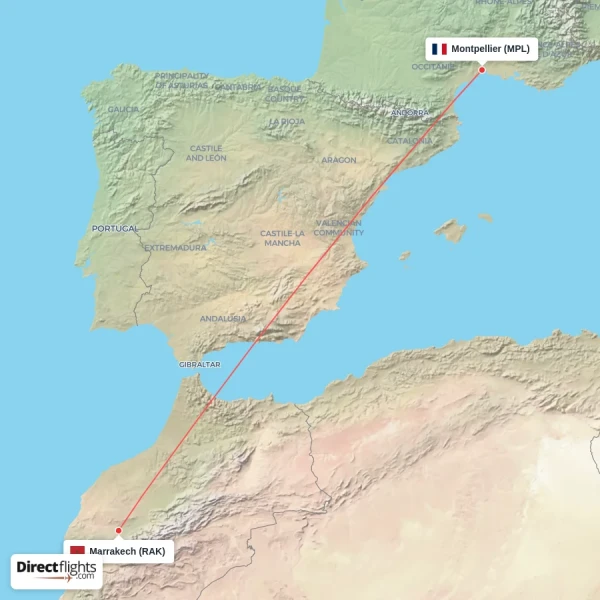 Marrakech - Montpellier direct flight map