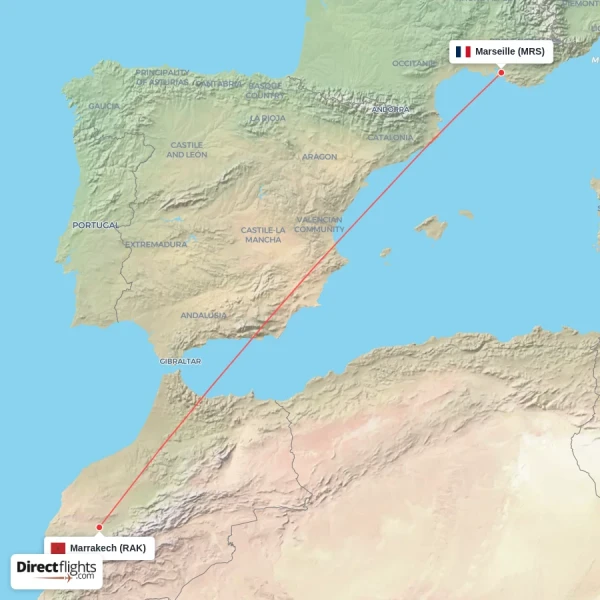 Marrakech - Marseille direct flight map