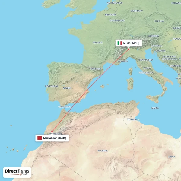 Marrakech - Milan direct flight map