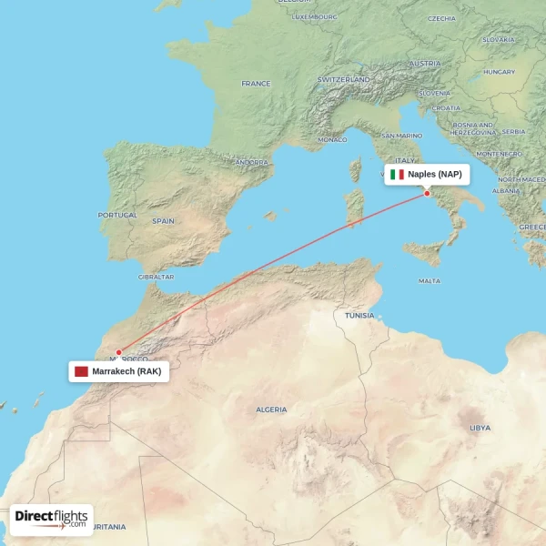 Marrakech - Naples direct flight map