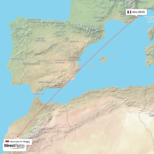 Marrakech - Nice direct flight map