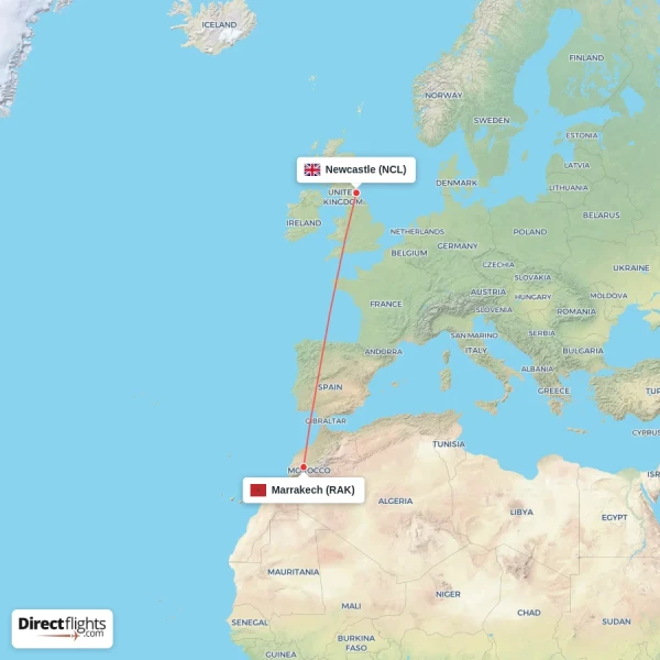 Marrakech - Newcastle direct flight map
