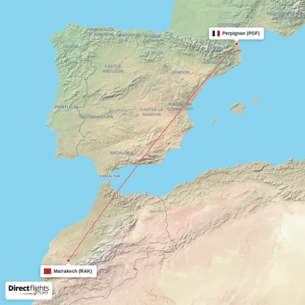 Marrakech - Perpignan direct flight map