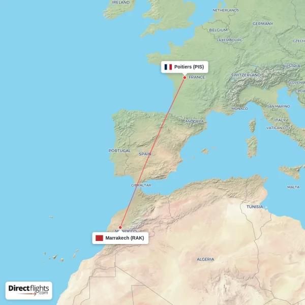Marrakech - Poitiers direct flight map