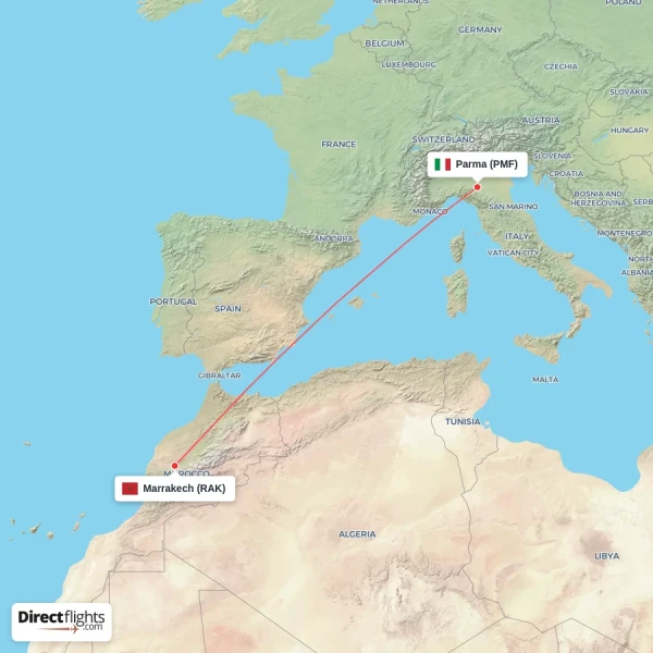 Marrakech - Parma direct flight map