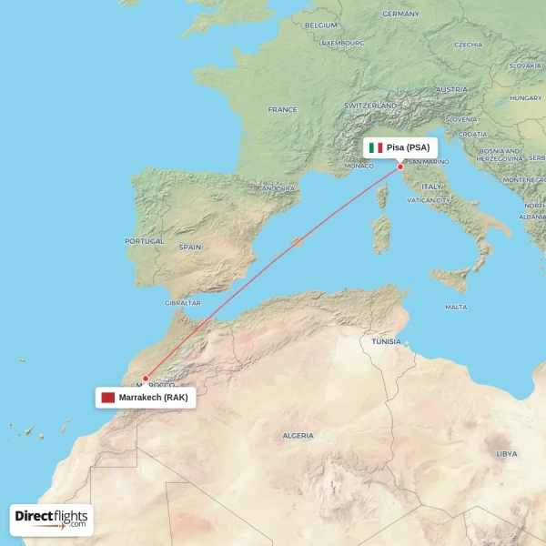 Marrakech - Pisa direct flight map