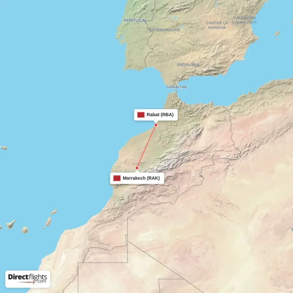 Marrakech - Rabat direct flight map