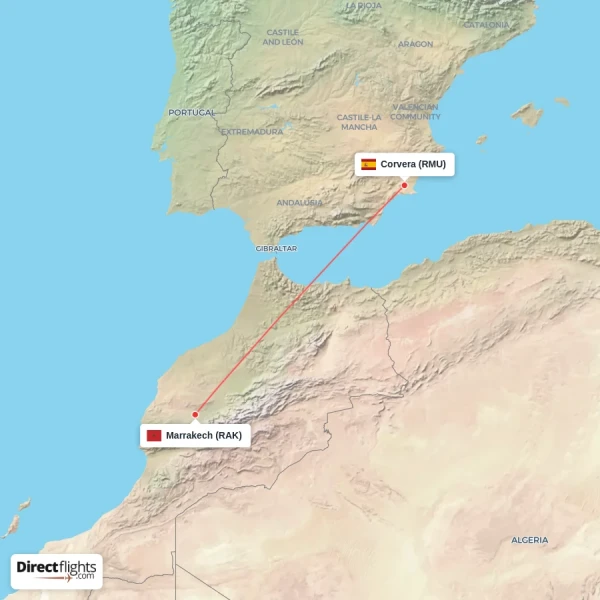 Marrakech - Corvera direct flight map