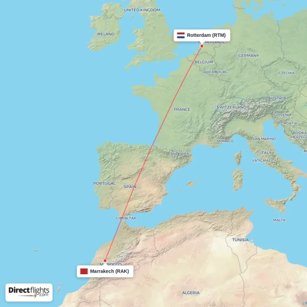Marrakech - Rotterdam direct flight map