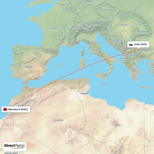 Marrakech - Sofia direct flight map