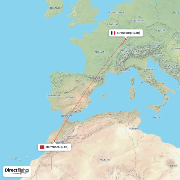 Marrakech - Strasbourg direct flight map