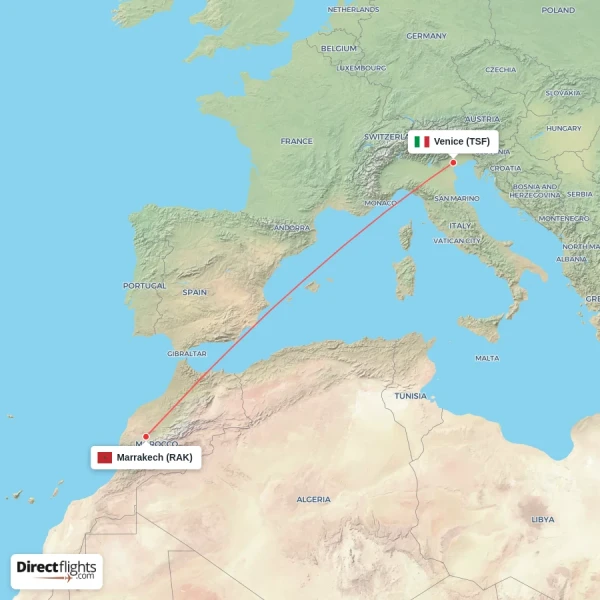 Marrakech - Venice direct flight map