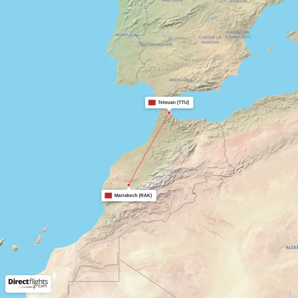 Marrakech - Tetouan direct flight map
