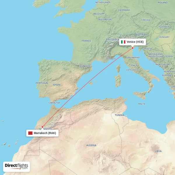 Marrakech - Venice direct flight map