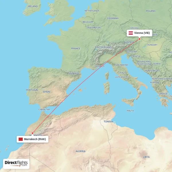 Marrakech - Vienna direct flight map
