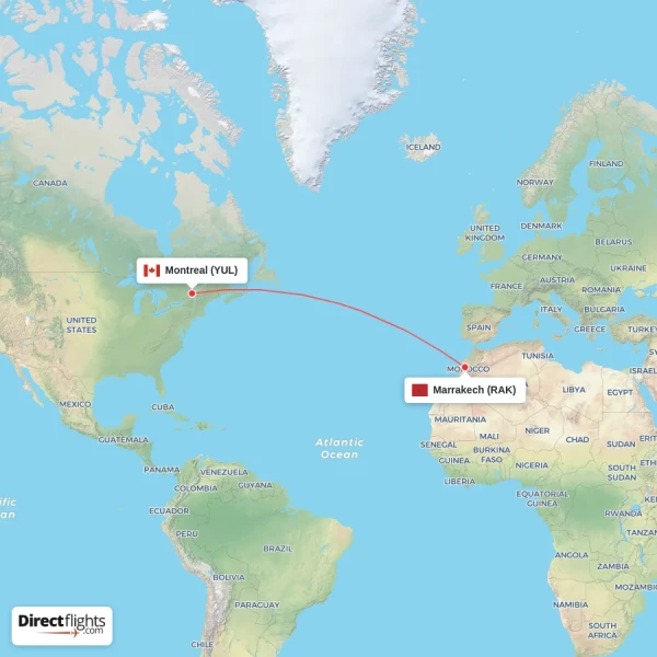 Marrakech - Montreal direct flight map