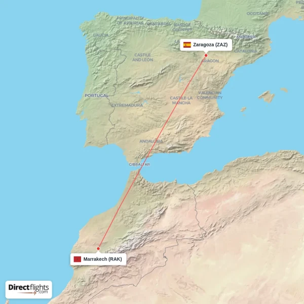 Marrakech - Zaragoza direct flight map