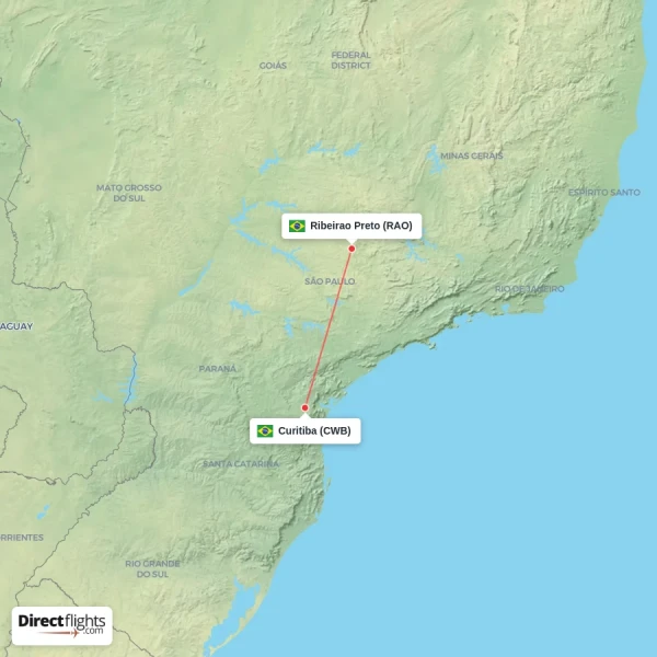 Ribeirao Preto - Curitiba direct flight map