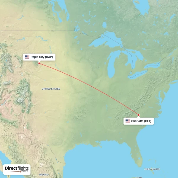 Rapid City - Charlotte direct flight map