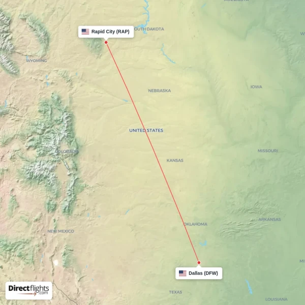 Rapid City - Dallas direct flight map