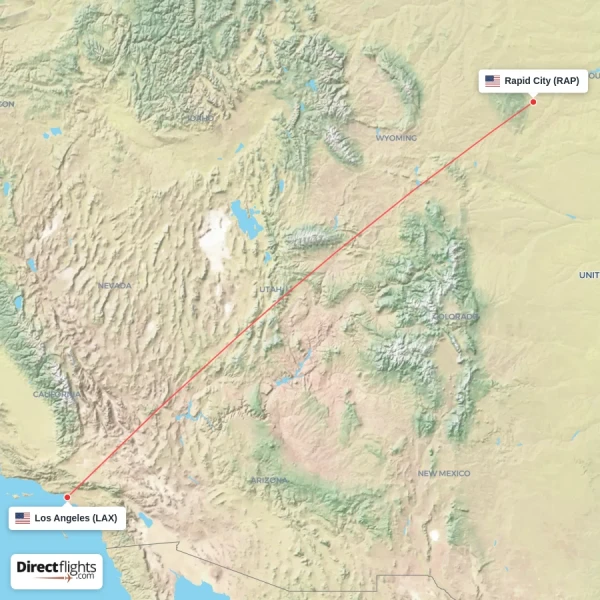 Rapid City - Los Angeles direct flight map