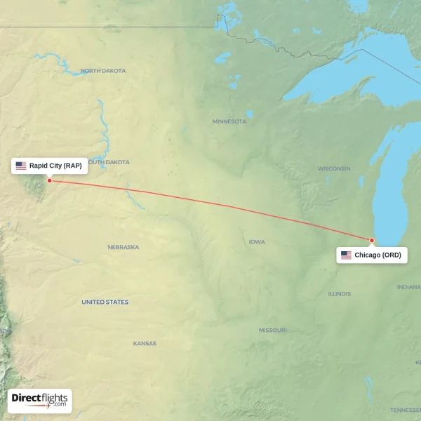 Rapid City - Chicago direct flight map